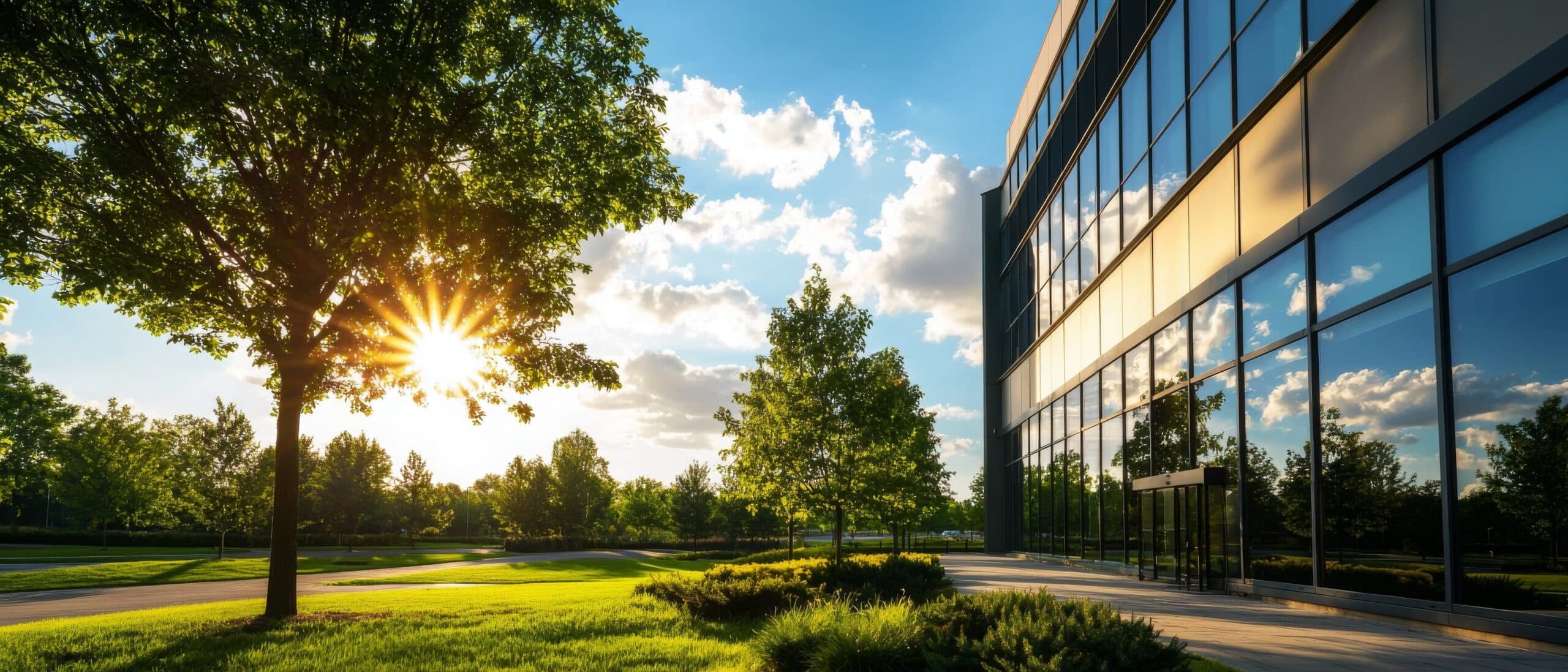 Façade vitrée d'un immeuble de bureaux moderne entourée d'arbres et de pelouse verdoyante, avec un soleil couchant en arrière-plan